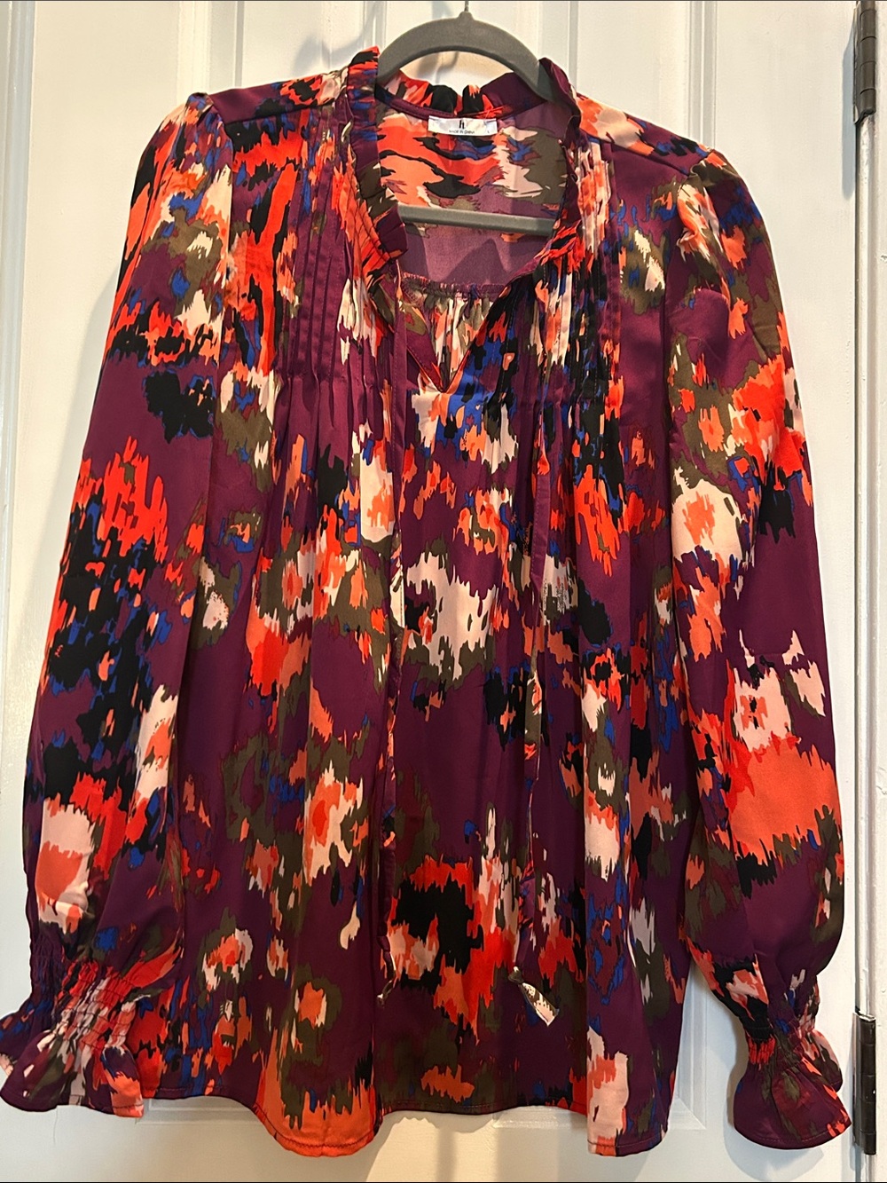 Abstract Print Long-Sleeve Blouse in Purple and Red